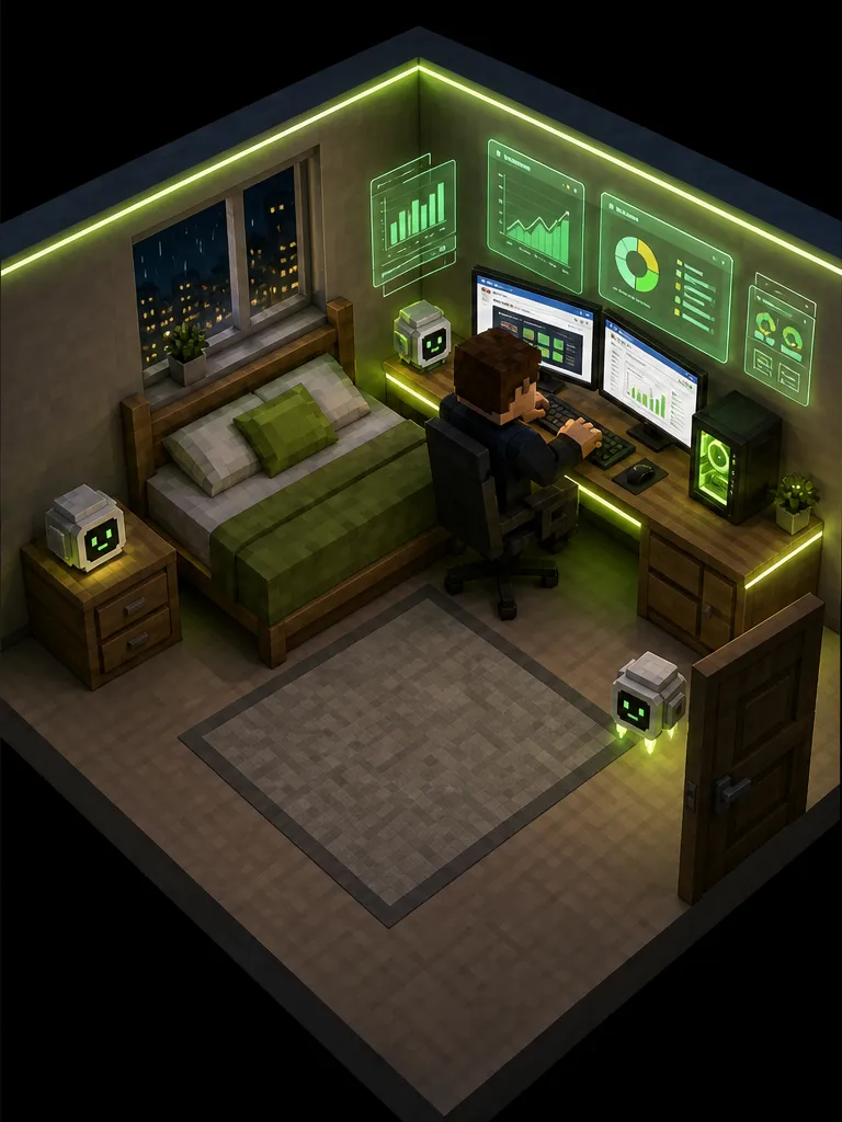 Dia 7: o mesmo quarto, agora com o personagem no computador, painéis de resultados e robôs de IA trabalhando.