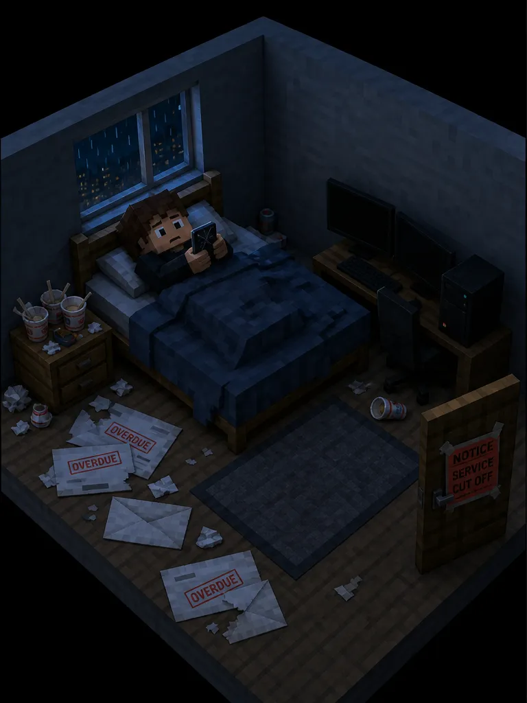 Hoje: o personagem deitado na cama mexendo no celular, com boletos vencidos no chão.